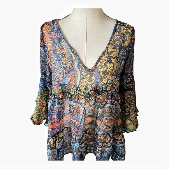Antigua Santoria Tops - NWT Antiga Santoria Semi Sheer Coquette Print Blouse Coverup One Size Fits Most
